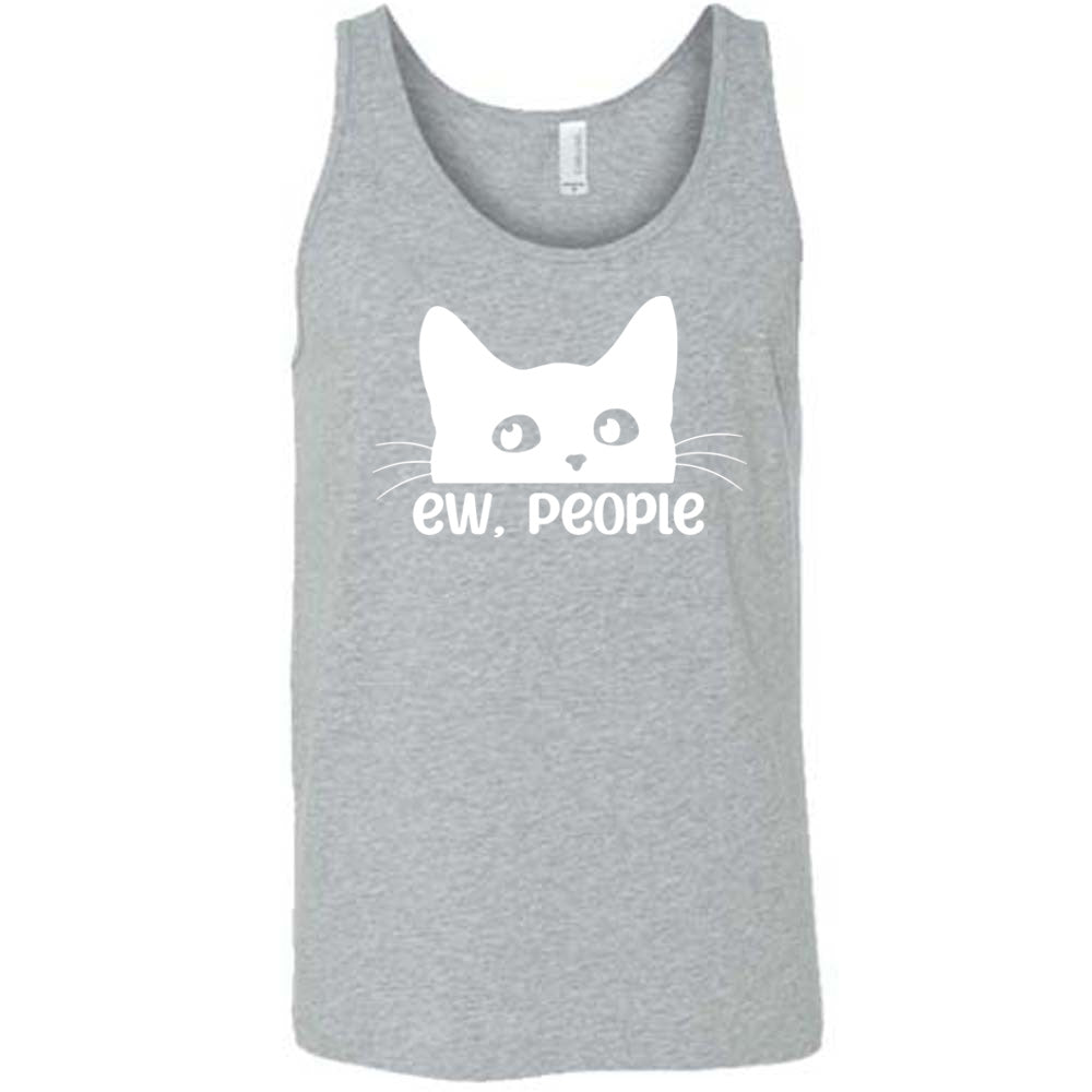 Grey colored tank with cat rolling eyes graphic on it that says "ew, people"