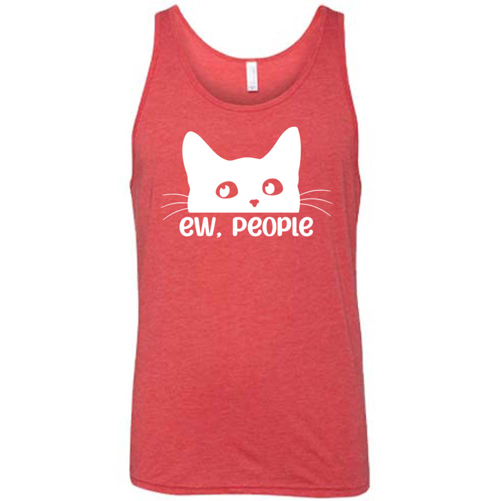 Red colored tank with cat rolling eyes graphic on it that says "ew, people"