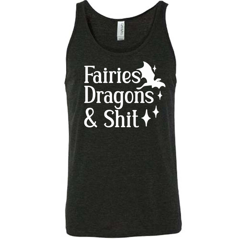 black unisex tank with the words "fairies dragons & shit" on it, with the small graphic of a dragon and a few stars