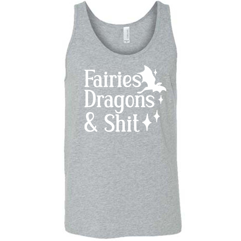 grey unisex tank with the words "fairies dragons & shit" on it, with the small graphic of a dragon and a few stars
