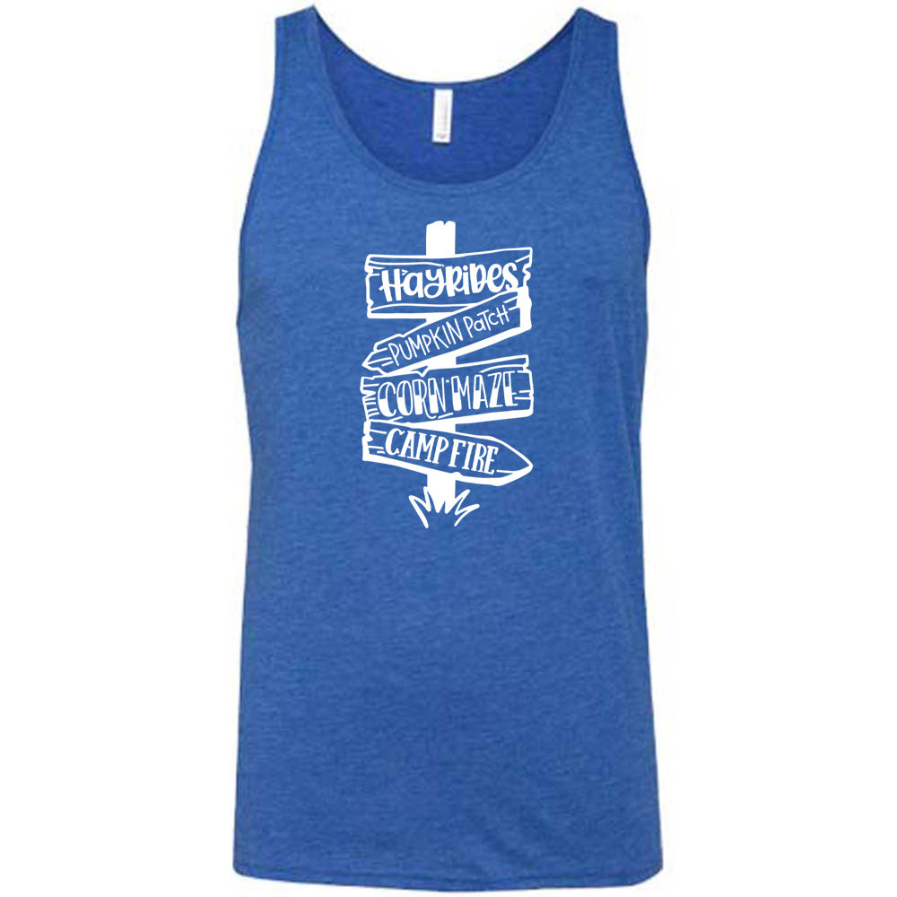 Blue colored tank with fall activities signpost graphic on it that says "Hayrides, Pumpkin Patch, Corn Maze, Campfire"