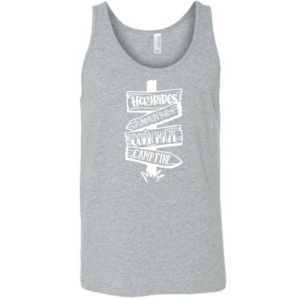 Grey colored tank with fall activities signpost graphic on it that says "Hayrides, Pumpkin Patch, Corn Maze, Campfire"