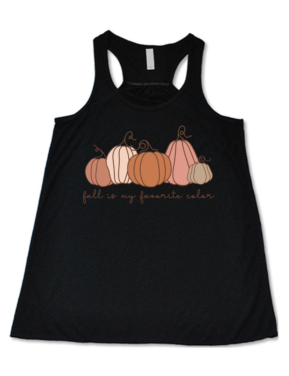 black flowy racerback tank with the graphic of five pumpkins of varied shape and color, and the small words underneath saying "fall is my favorite color"
