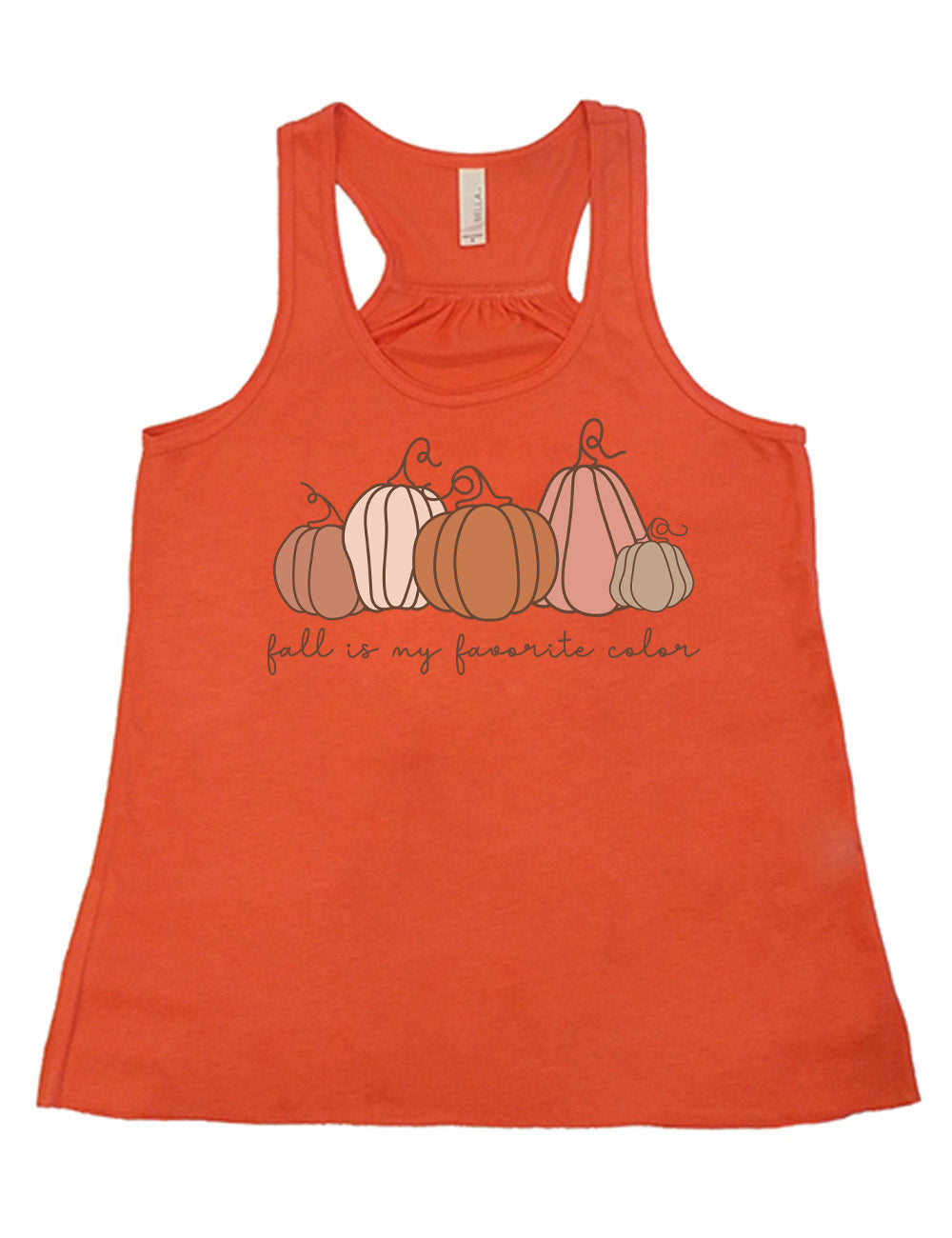 coral flowy racerback tank with the graphic of five pumpkins of varied shape and color, and the small words underneath saying "fall is my favorite color"
