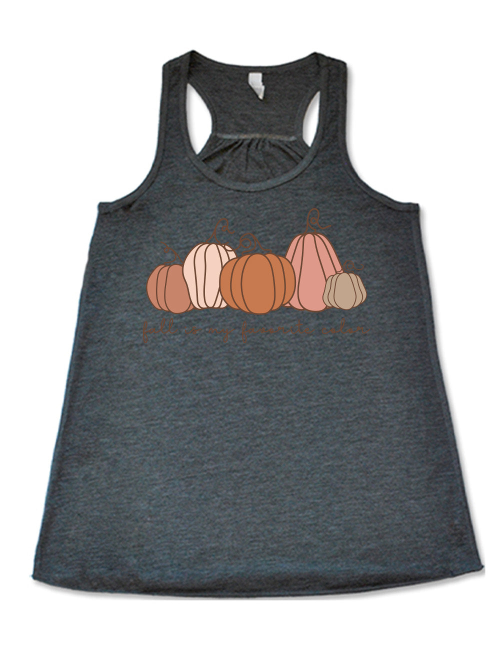 grey flowy racerback tank with the graphic of five pumpkins of varied shape and color, and the small words underneath saying "fall is my favorite color"