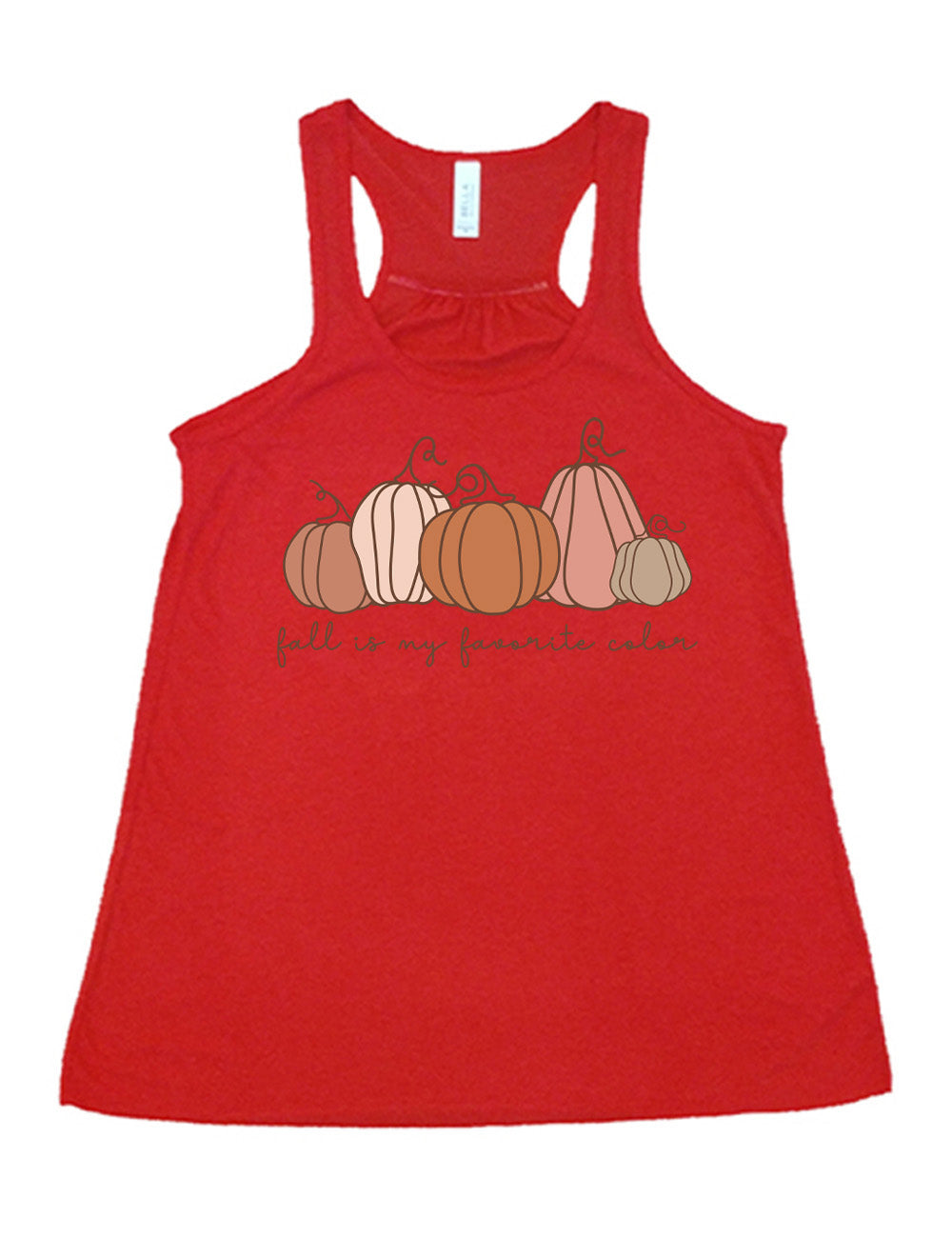 red flowy racerback tank with the graphic of five pumpkins of varied shape and color, and the small words underneath saying "fall is my favorite color"