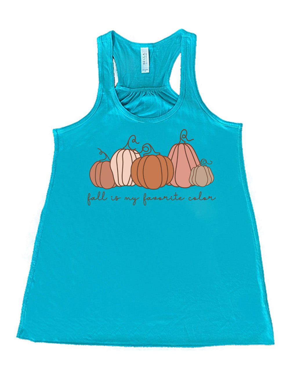 teal flowy racerback tank with the graphic of five pumpkins of varied shape and color, and the small words underneath saying "fall is my favorite color"