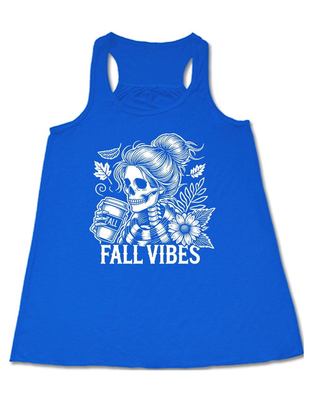 blue flowy racerback tank with the graphic of a skeletal woman, with her hair in a bun, holding a takeaway coffee cup labeled "fall", with a flower and leaves next to her, and the words underneath saying "fall vibes"