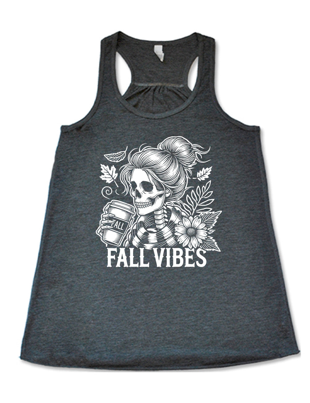 grey flowy racerback tank with the graphic of a skeletal woman, with her hair in a bun, holding a takeaway coffee cup labeled "fall", with a flower and leaves next to her, and the words underneath saying "fall vibes"