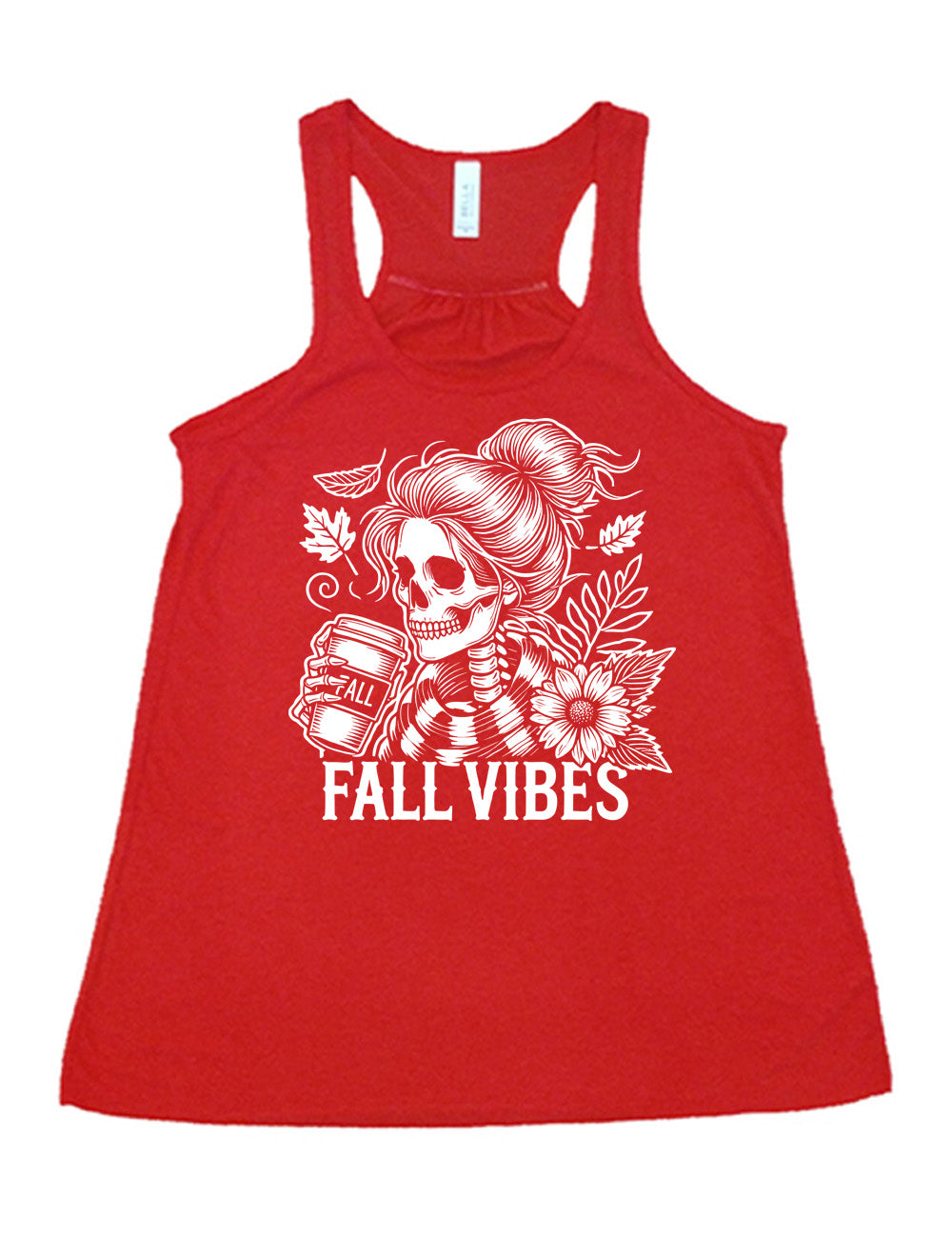 red flowy racerback tank with the graphic of a skeletal woman, with her hair in a bun, holding a takeaway coffee cup labeled "fall", with a flower and leaves next to her, and the words underneath saying "fall vibes"