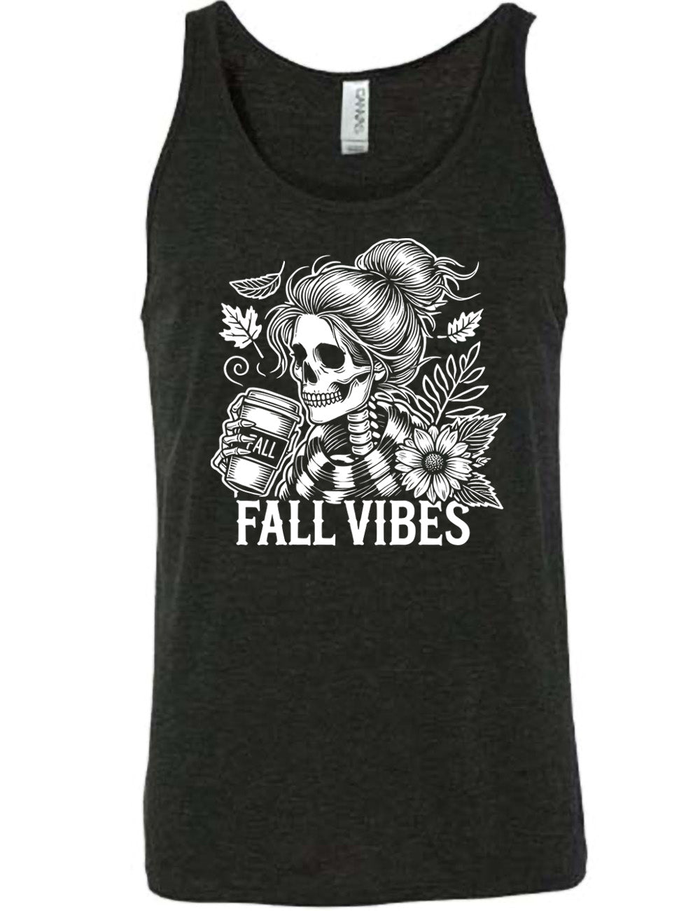 black unisex tank with the graphic of a skeletal woman, with her hair in a bun, holding a takeaway coffee cup labeled "fall", with a flower and leaves next to her, and the words underneath saying "fall vibes"