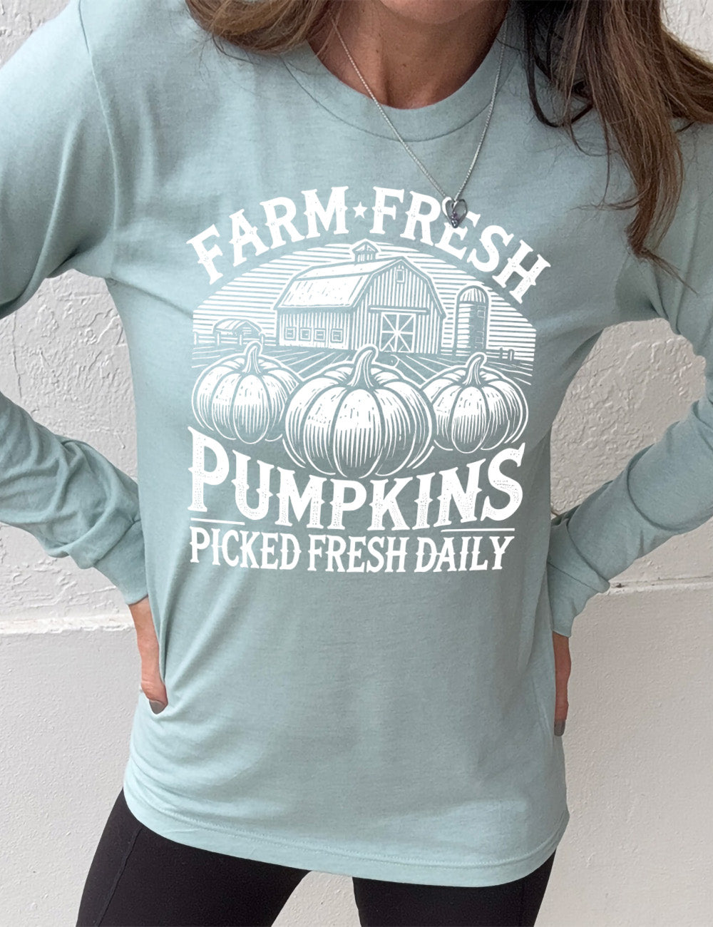 heather dusty blue long sleeve shirt with the words "farm fresh pumpkins picked fresh daily" around the graphic of a barn in the background and three pumpkins in the foreground