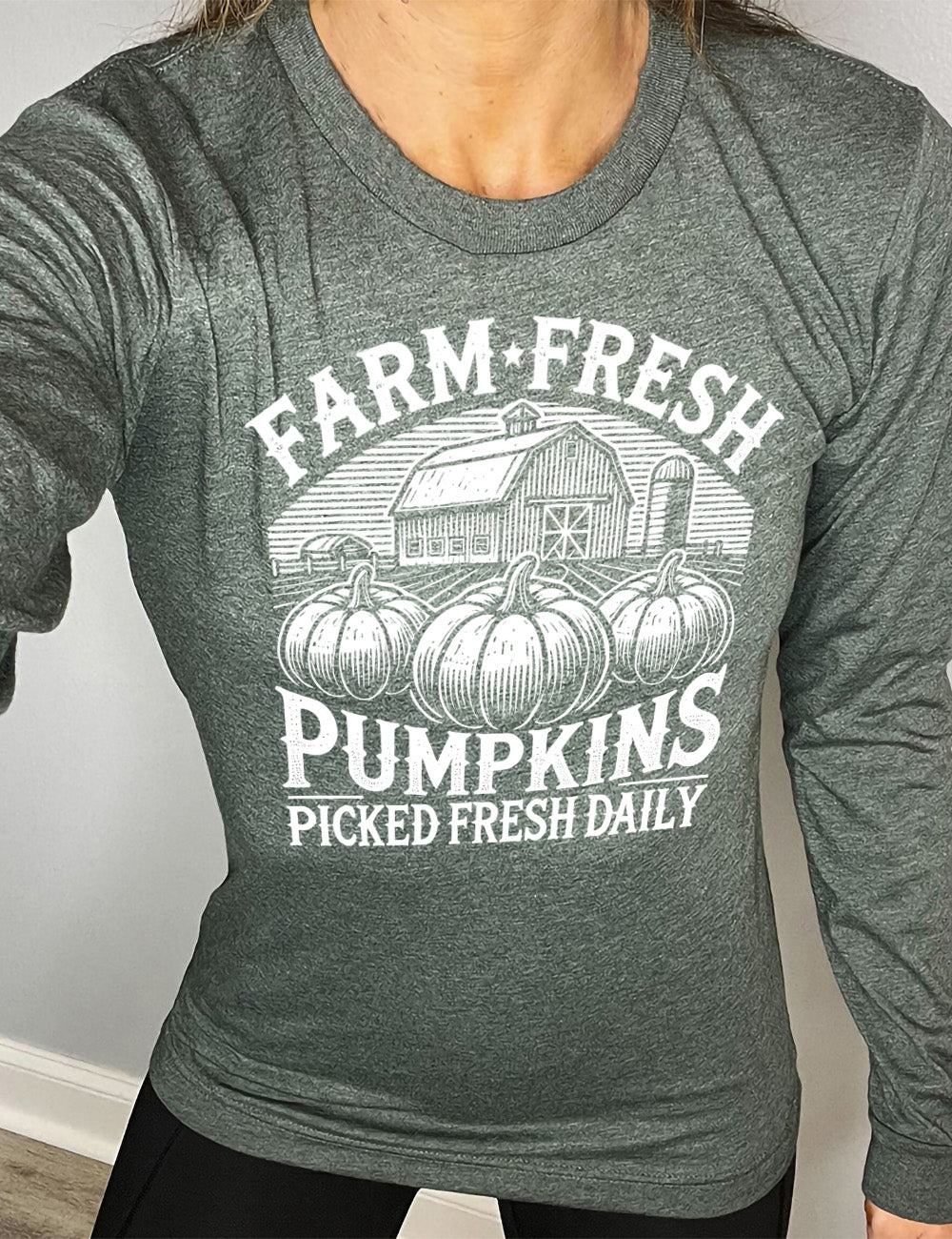 heather forest long sleeve shirt with the words "farm fresh pumpkins picked fresh daily" around the graphic of a barn in the background and three pumpkins in the foreground