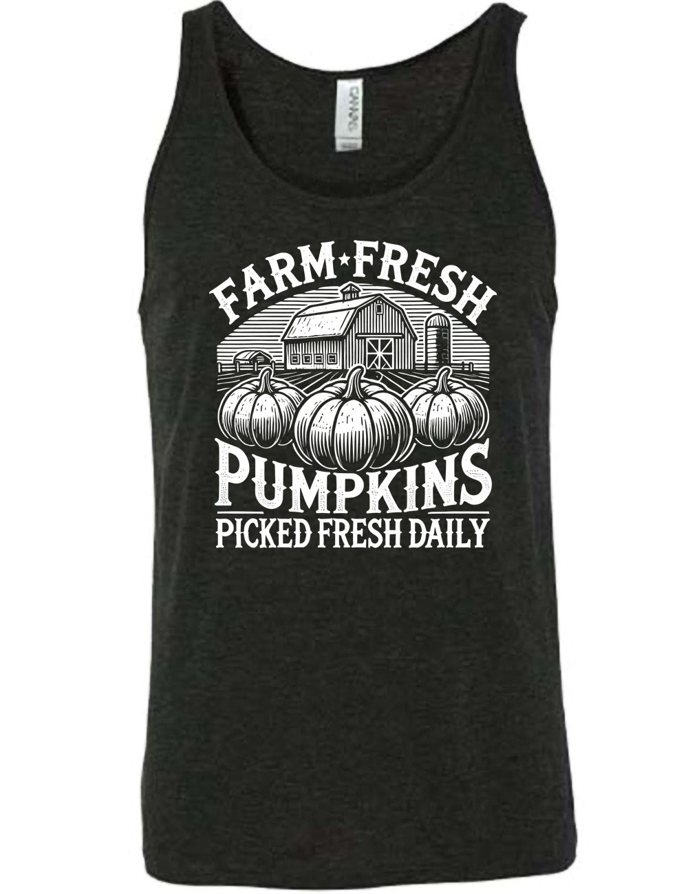 black unisex tank with the words "farm fresh pumpkins picked fresh daily" around the graphic of a barn in the background and three pumpkins in the foreground