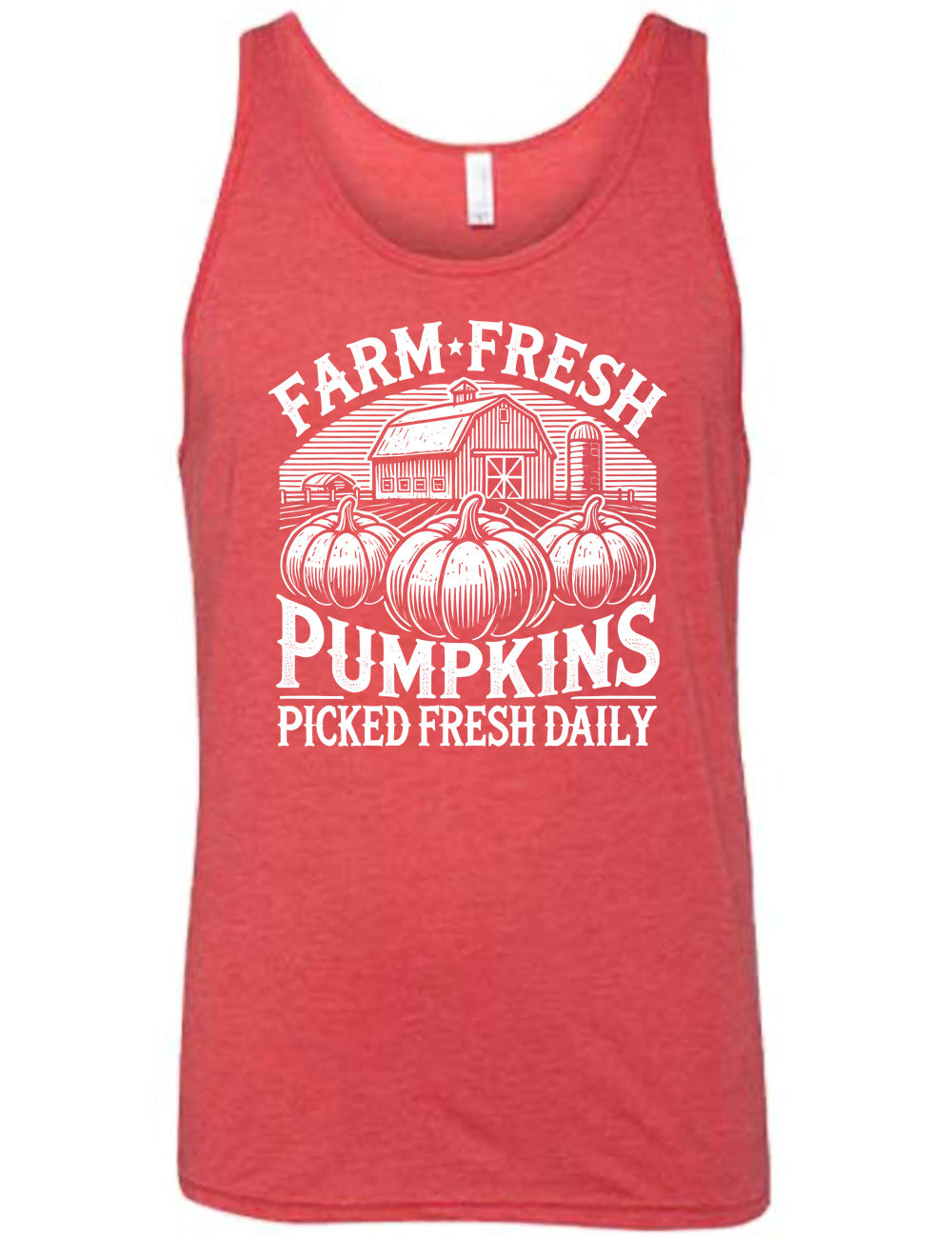 red unisex tank with the words "farm fresh pumpkins picked fresh daily" around the graphic of a barn in the background and three pumpkins in the foreground