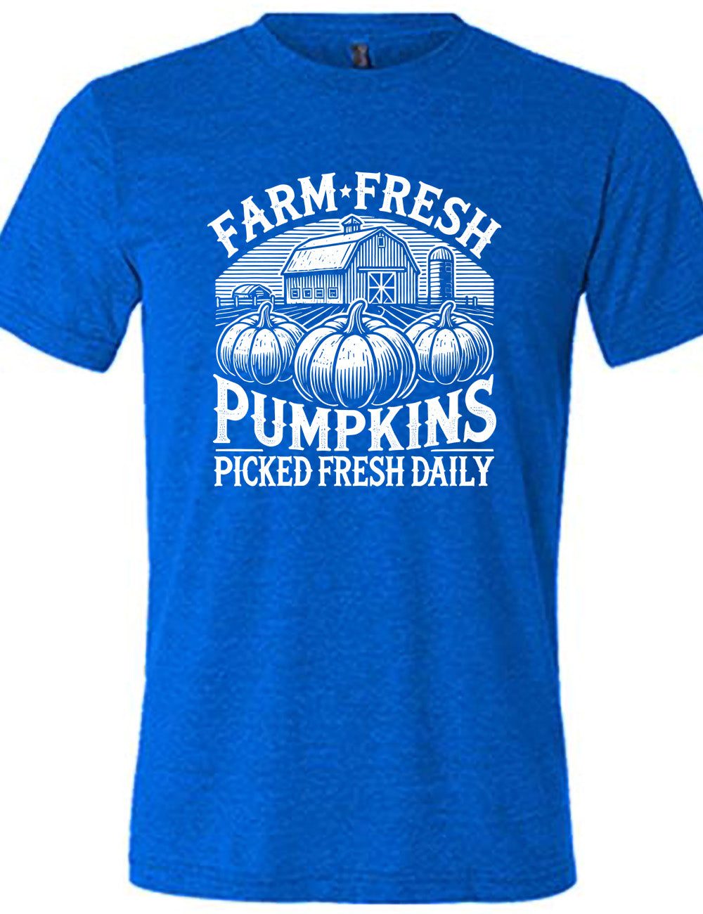 blue unisex tee with the words "farm fresh pumpkins picked fresh daily" around the graphic of a barn in the background and three pumpkins in the foreground