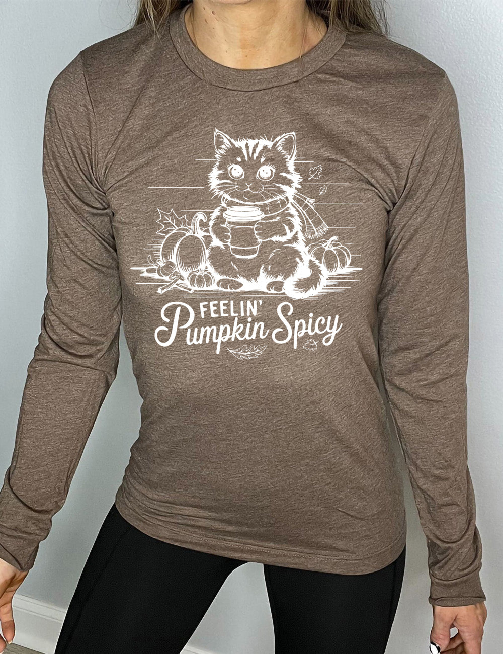 heather brown long sleeve with the graphic of a cat, wearing a scarf, next to a few pumpkins of various sizes and a few falling leaves, holding a takeaway coffee, and the words underneath saying "feelin' pumpkin spicy"