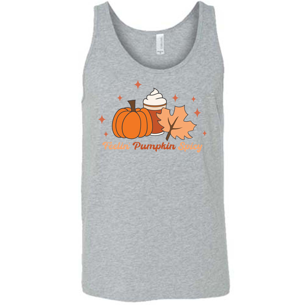 Grey colored tank with pumpkin, coffee, and fall leaf graphic on it that says "Feelin' Pumpkin Spicy"