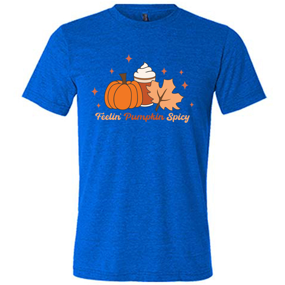 Blue colored shirt with pumpkin, coffee, and fall leaf graphic on it that says "Feelin' Pumpkin Spicy"