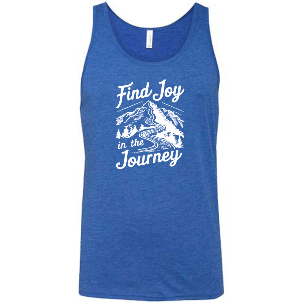 Blue colored tank with a mountain road graphic on it that says "Find Joy In The Journey"