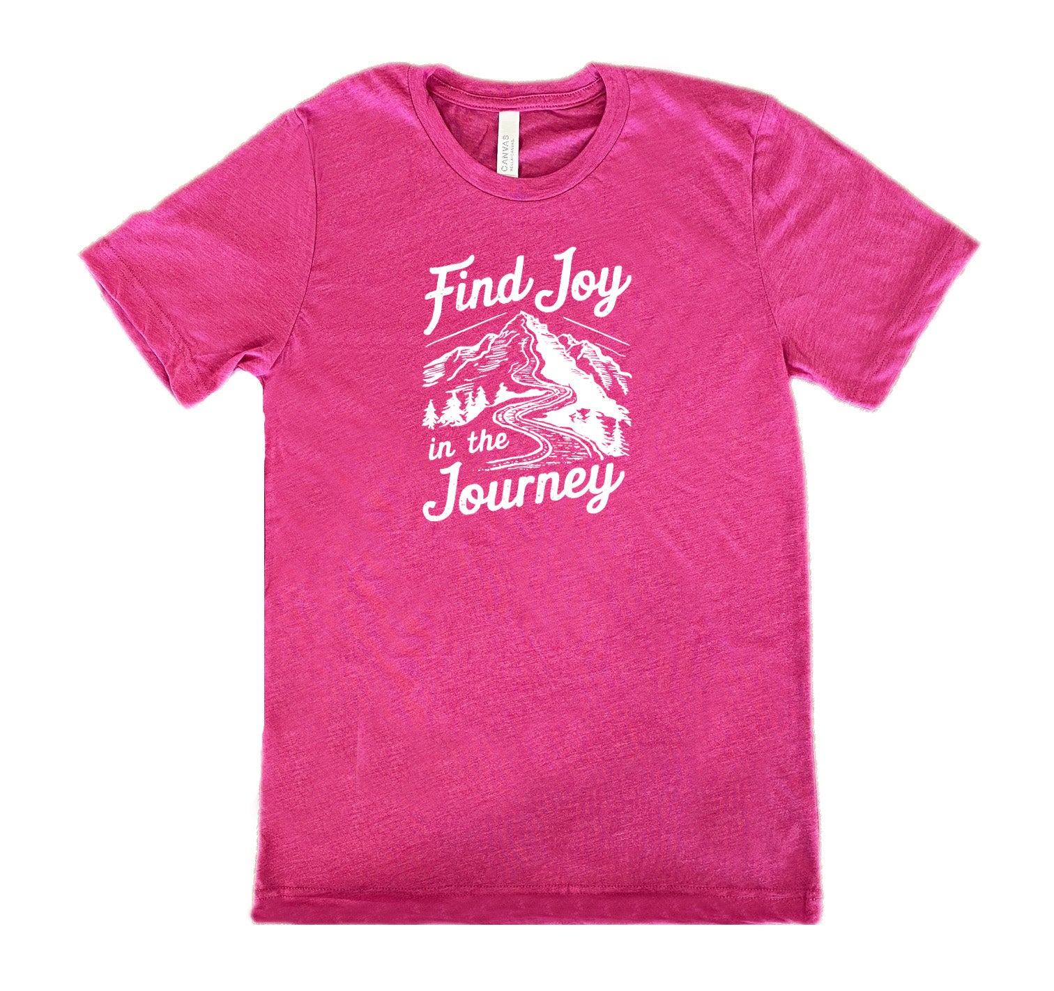 Berry colored shirt with a mountain road graphic on it that says "Find Joy In The Journey"