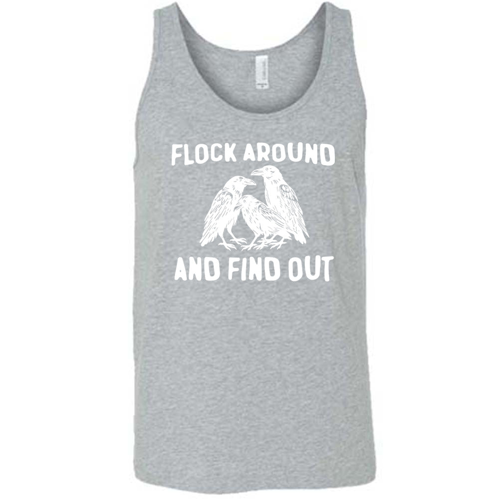 Grey colored tank with flock of birds graphic on it that says "Flock Around And Find Out"