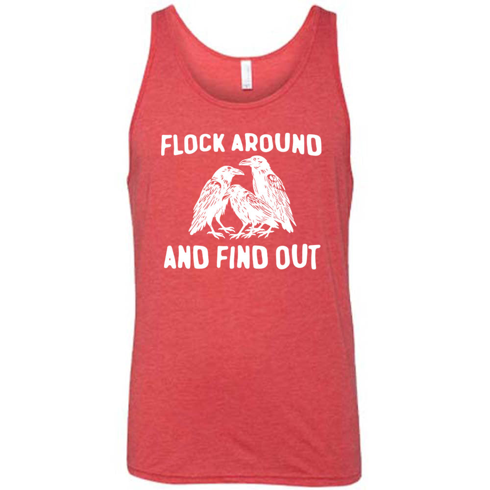 Red colored tank with flock of birds graphic on it that says "Flock Around And Find Out"