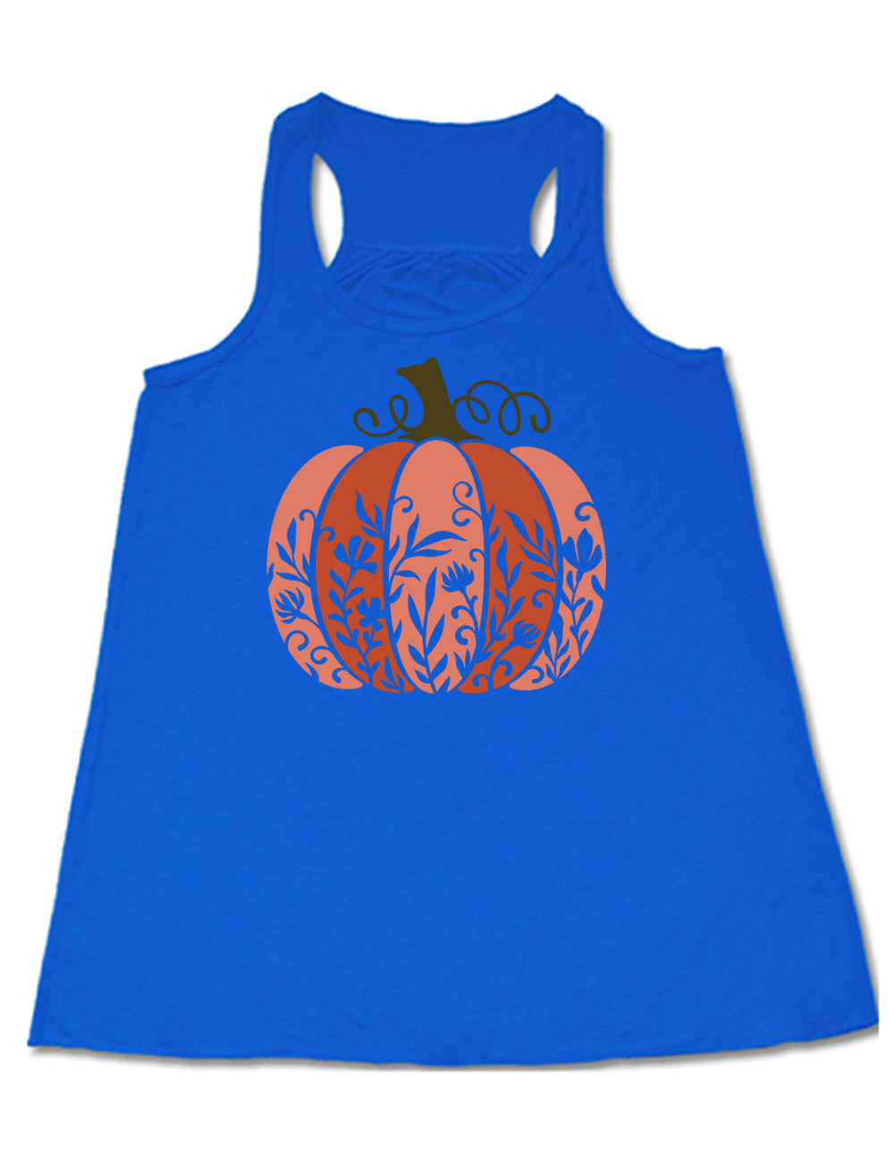 blue flowy racerback tank with the colorful graphic of a pumpkin, with vines in silhouette on it