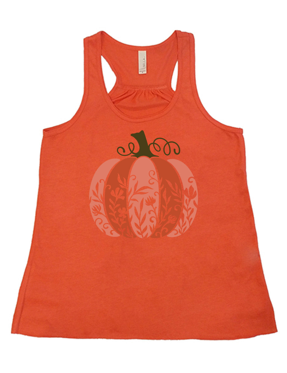 coral flowy racerback tank with the colorful graphic of a pumpkin, with vines in silhouette on it