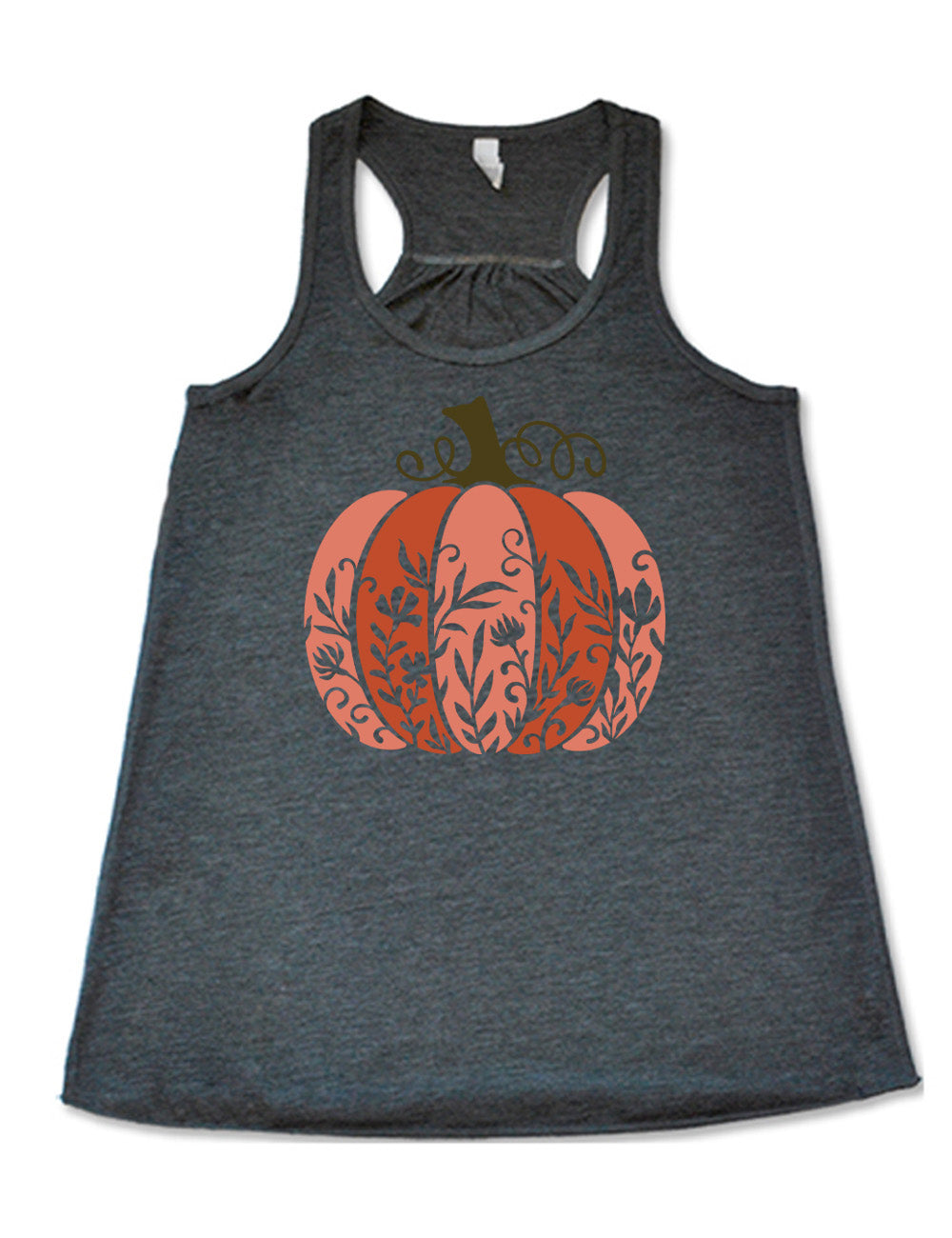 grey flowy racerback tank with the colorful graphic of a pumpkin, with vines in silhouette on it