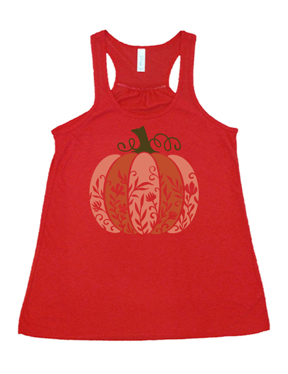 red flowy racerback tank with the colorful graphic of a pumpkin, with vines in silhouette on it