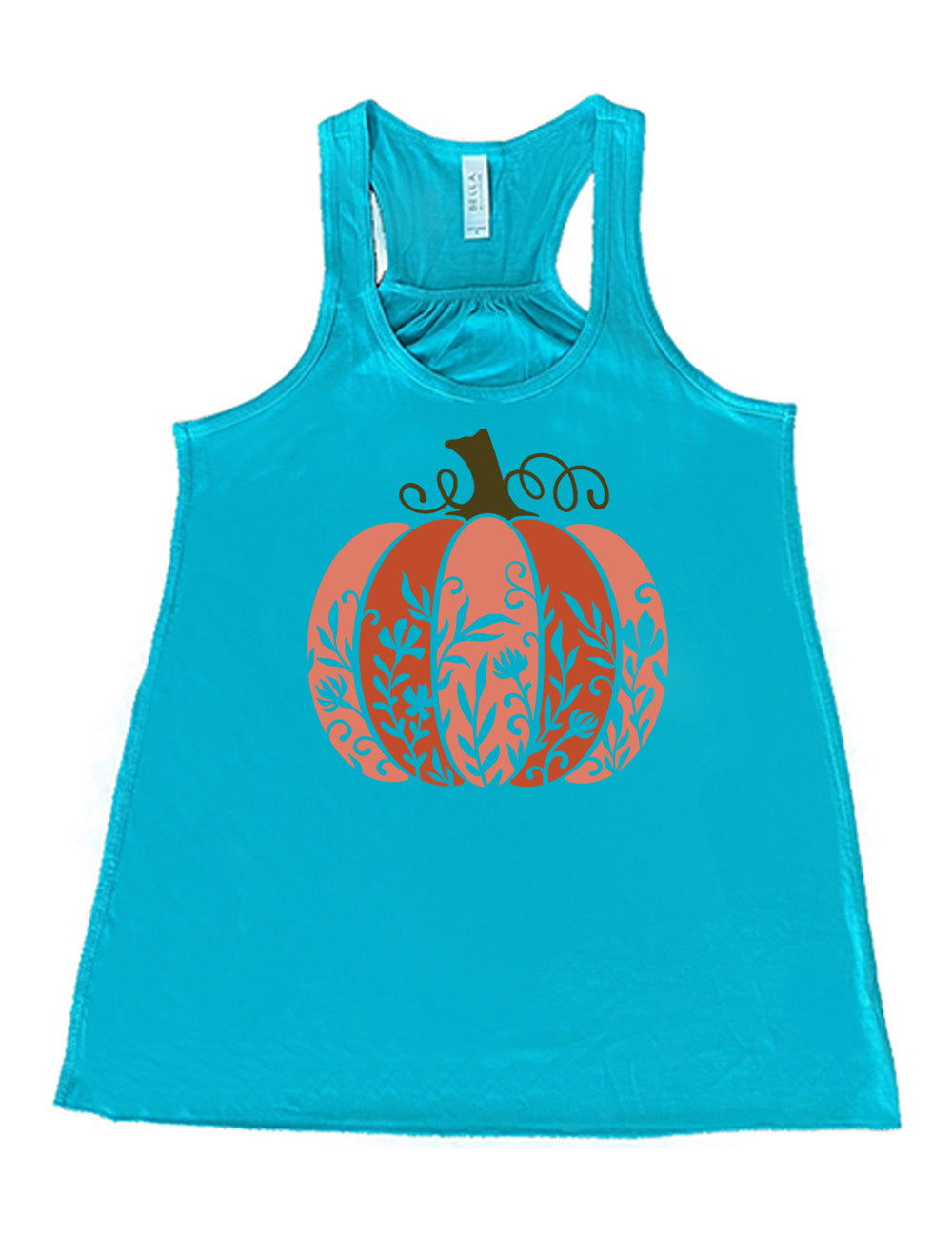 teal flowy racerback tank with the colorful graphic of a pumpkin, with vines in silhouette on it