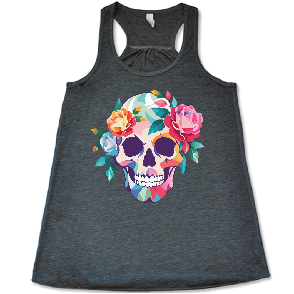 grey flowy racerback tank with the colorful graphic of a skull, with flowers adorning it's head