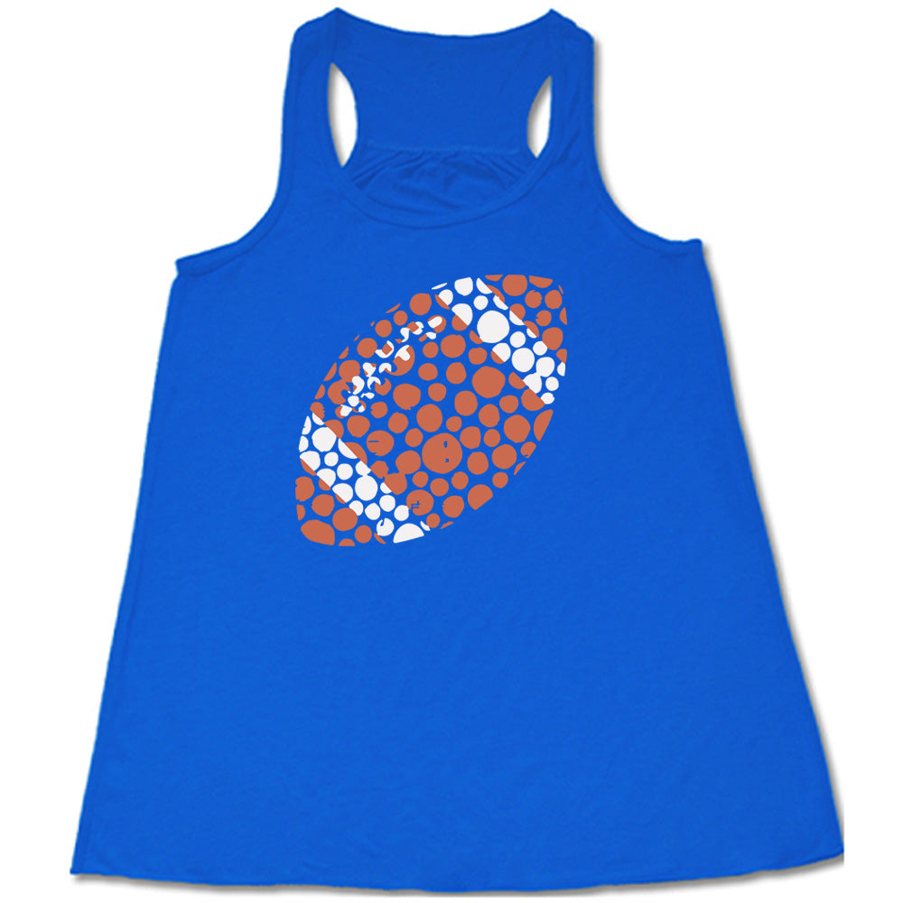 Blue colored flowy tank with football made up of dots graphic on it