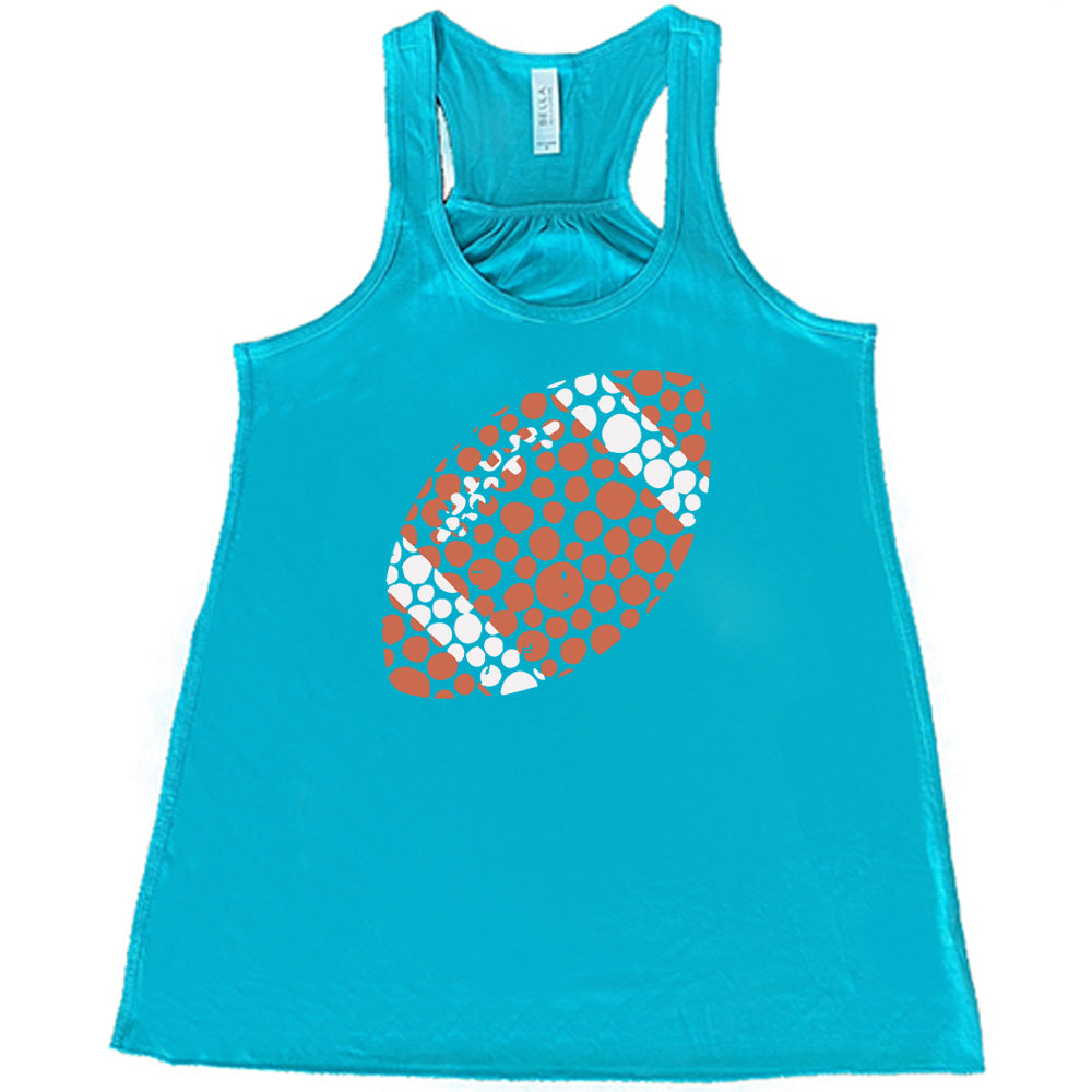 Teal colored flowy tank with football made up of dots graphic on it