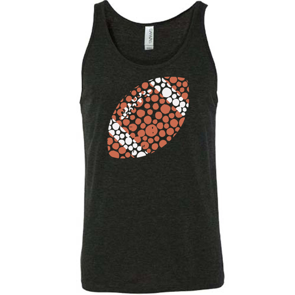 Black colored tank with football made up of dots graphic on it