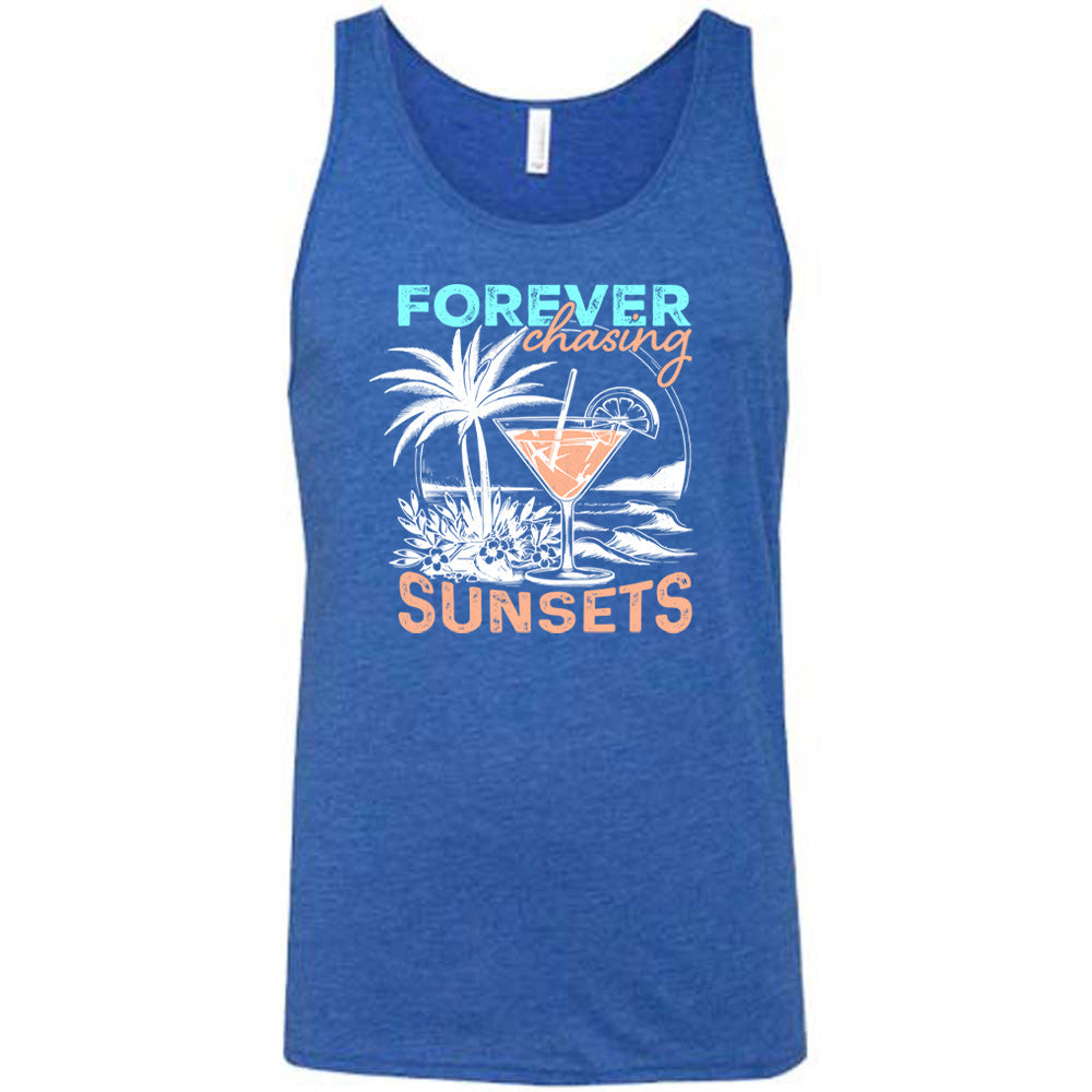 Blue colored tank with a drink on the beach graphic on it that says "Forever Chasing Sunsets" 