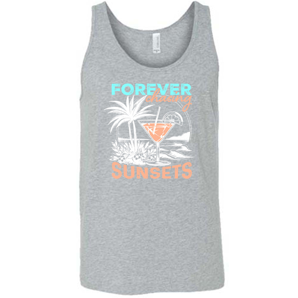Grey colored tank with a drink on the beach graphic on it that says "Forever Chasing Sunsets" 