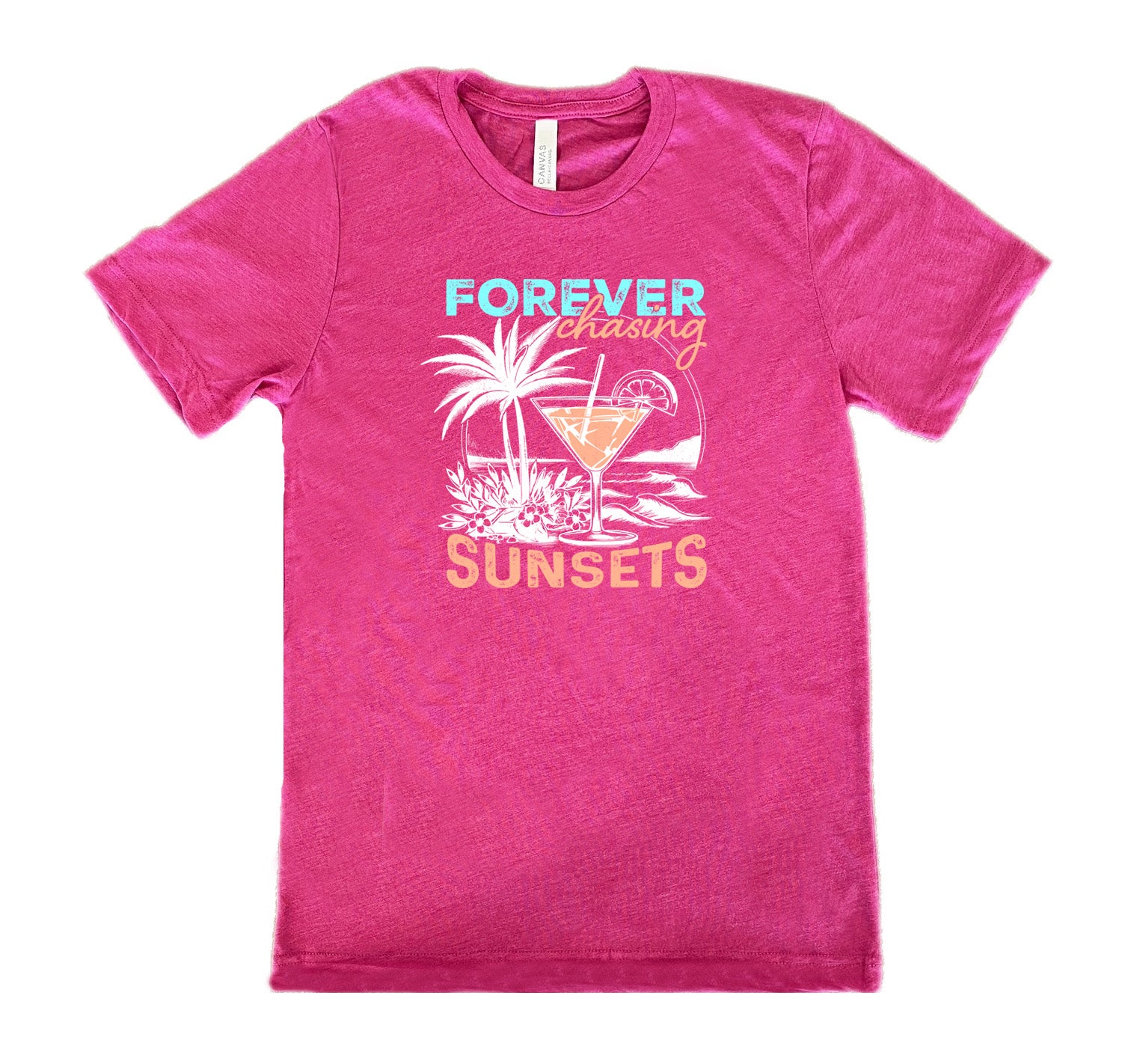 Berry colored shirt with a drink on the beach graphic on it that says "Forever Chasing Sunsets" 