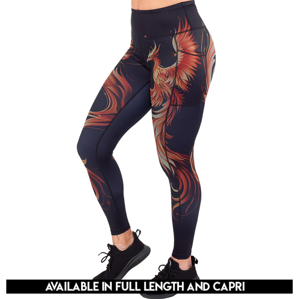 black leggings with a red and orange phoenix graphic on it available in capri and full length