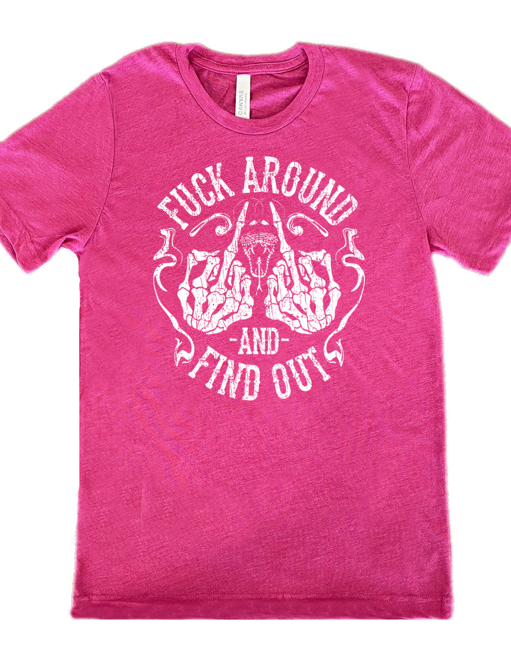berry unisex tee with the graphic of two skeletal hands both giving the middle finger, around a snake's head with its tongue out, with the words circling around this all saying "fuck around and find out" with smokey lines completing the sides of the circle