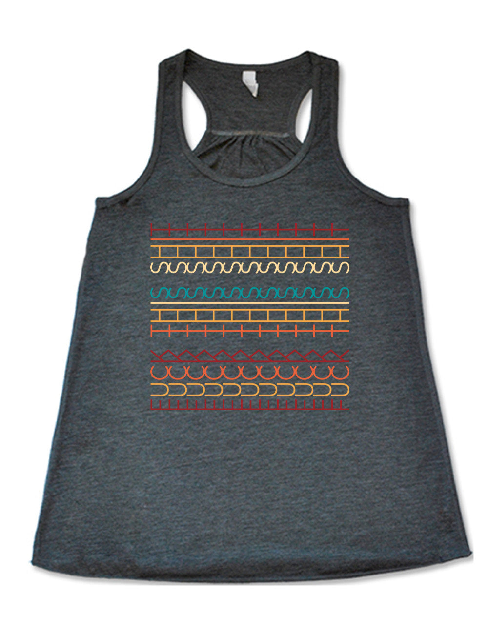 grey flowy racerback tank with the graphic of what appears to be colorful lined shapes, but, when you look at an angle, actually is the three words, 11 times, sayings "fuck this shit"