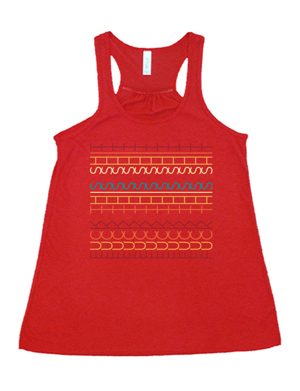 red flowy racerback tank with the graphic of what appears to be colorful lined shapes, but, when you look at an angle, actually is the three words, 11 times, sayings "fuck this shit"