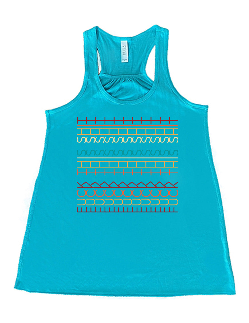 teal flowy racerback tank with the graphic of what appears to be colorful lined shapes, but, when you look at an angle, actually is the three words, 11 times, sayings "fuck this shit"
