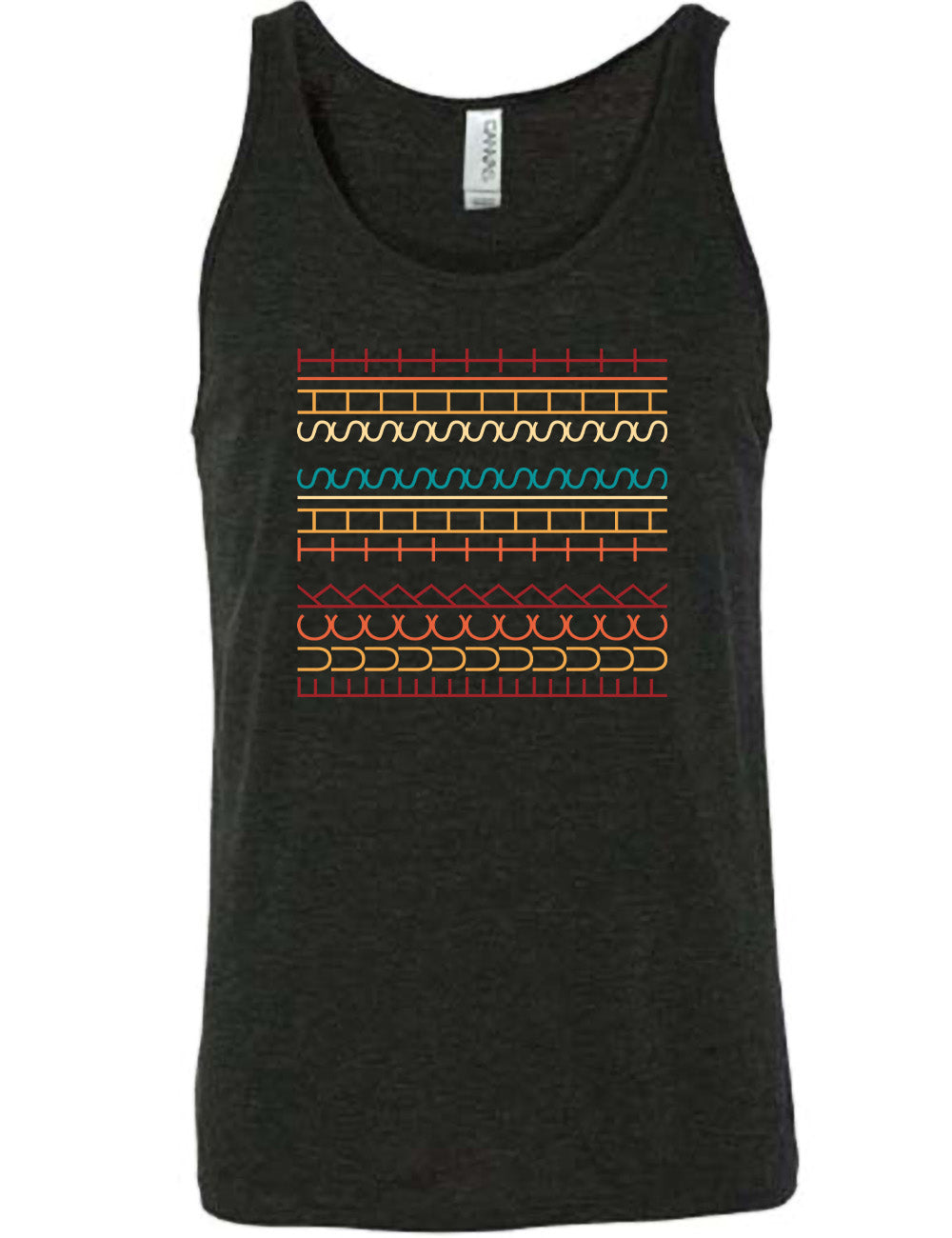 black unisex tank with the graphic of what appears to be colorful lined shapes, but, when you look at an angle, actually is the three words, 11 times, sayings "fuck this shit"