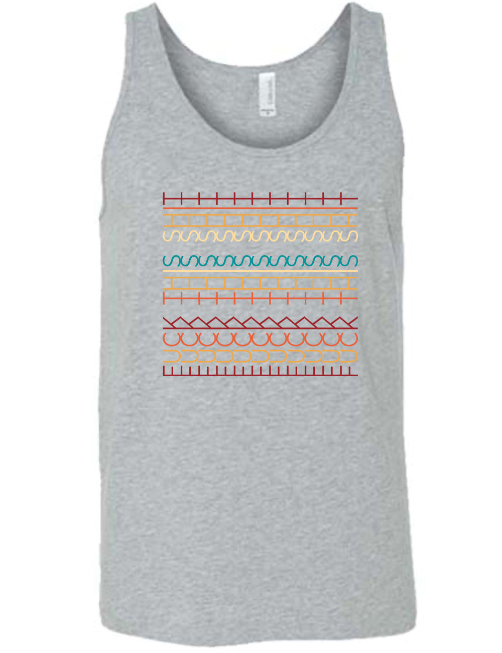 grey unisex tank with the graphic of what appears to be colorful lined shapes, but, when you look at an angle, actually is the three words, 11 times, sayings "fuck this shit"