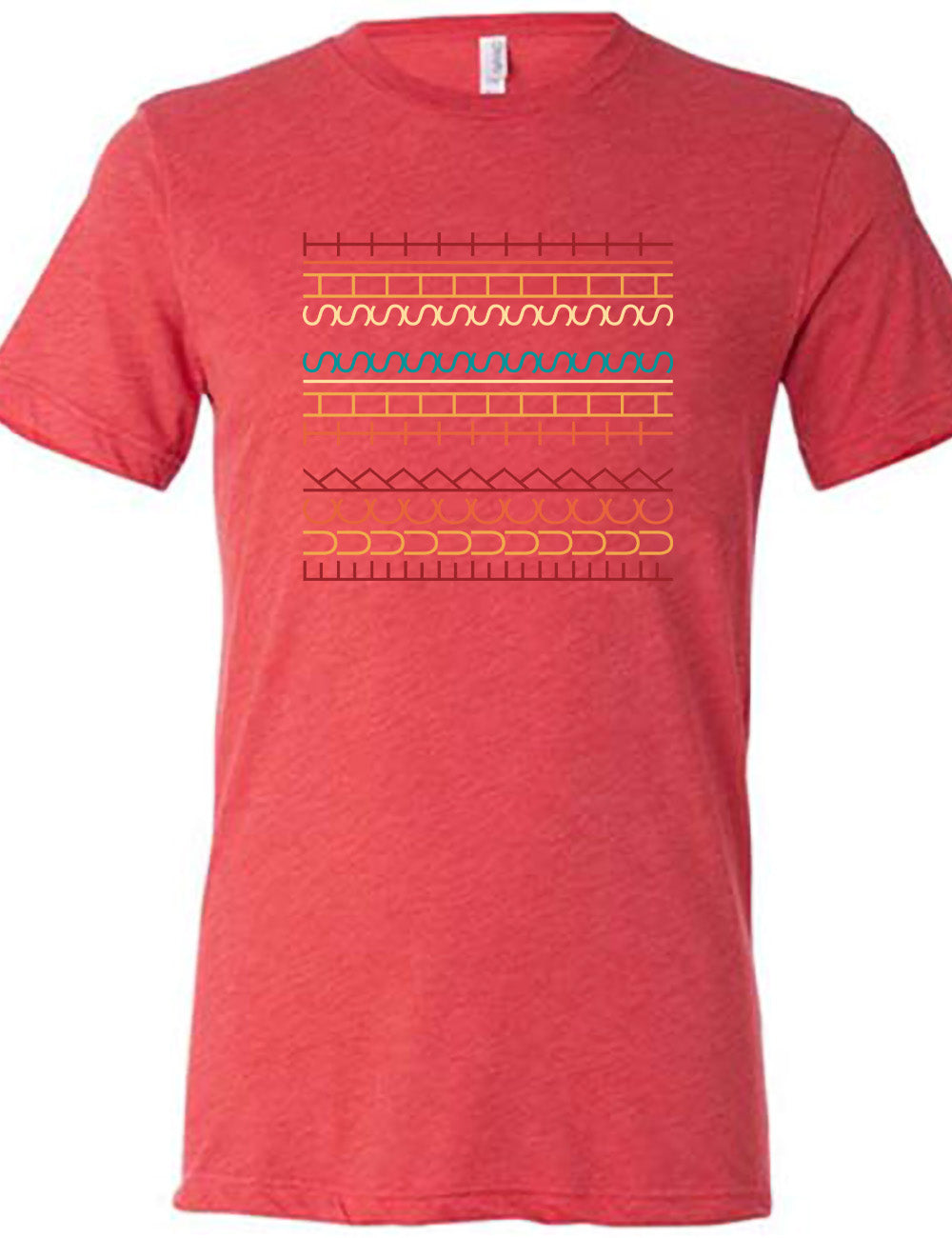 red unisex tee with the graphic of what appears to be colorful lined shapes, but, when you look at an angle, actually is the three words, 11 times, sayings "fuck this shit"
