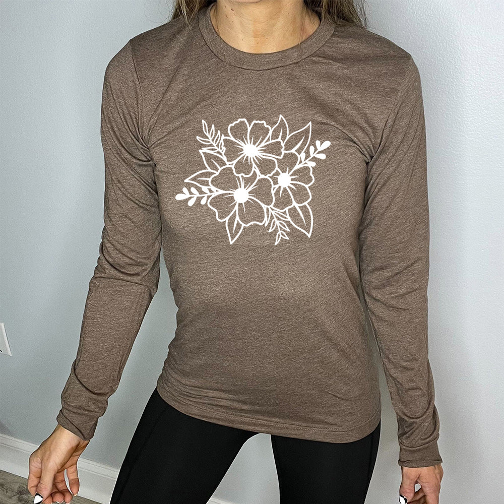heather brown long sleeved shirt with a graphic of a flower bouquet on it