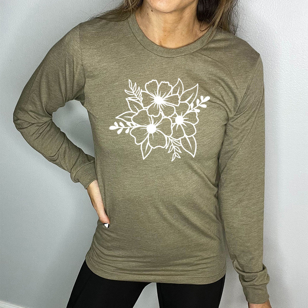 heather olive long sleeved shirt with a graphic of a flower bouquet on it