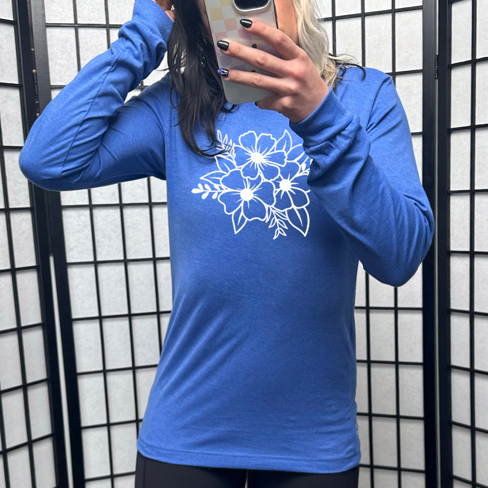 heather true royal long sleeved shirt with a graphic of a flower bouquet on it
